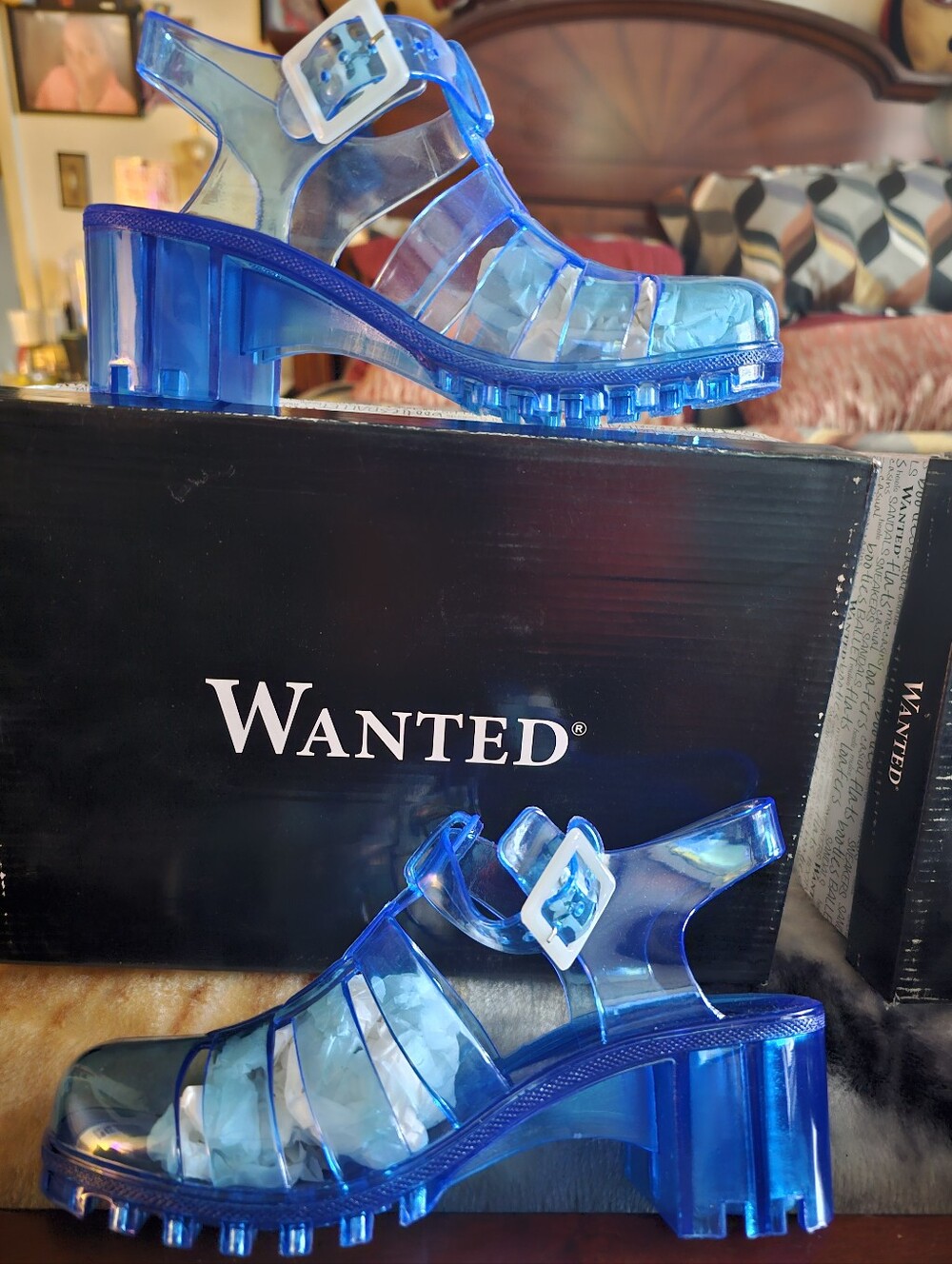 Wanted Black, Clear. Blue Patent Jelly Block Heel Sandals $11.00 Each